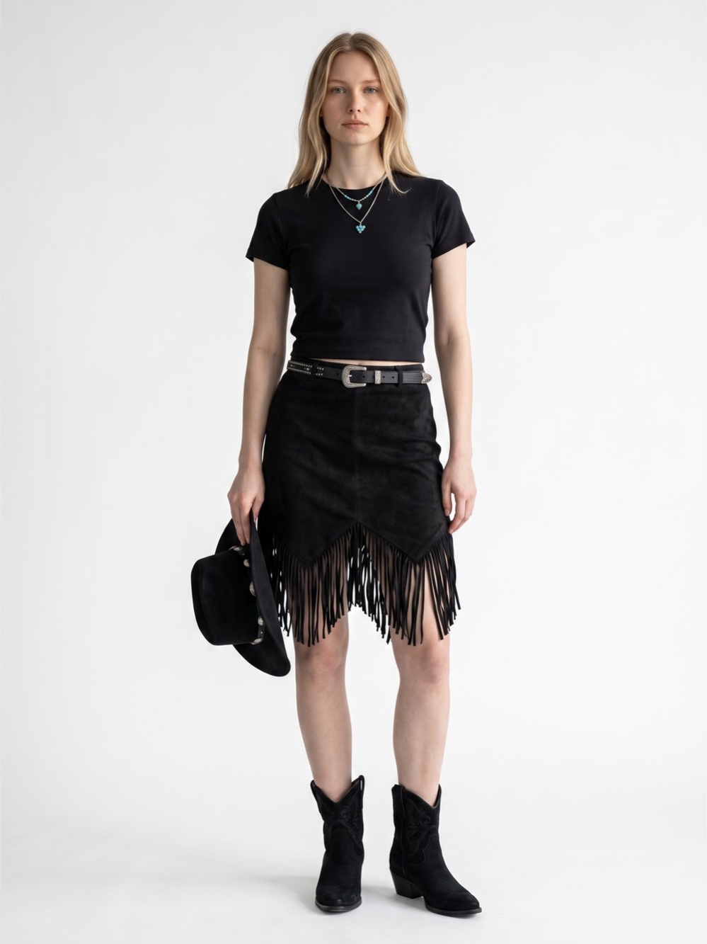 Black Suede Fringe Skirt Street Wear